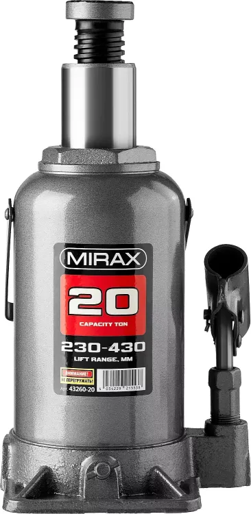Домкрат гидравлический бутылочный, 20т, 230-430 мм, MIRAX 43260-20 43260-20 купить в Надыме