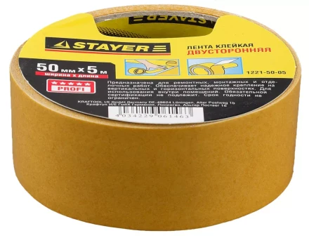 Двухсторонняя клейкая лента на полипропиленовой основе, STAYER 1221-50-05, 50мм х 5м 1221-50-05 купить в Надыме