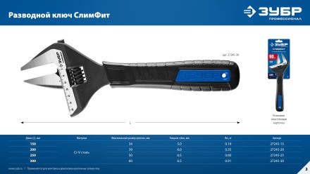 ЗУБР СлимФит, 200 / 39 мм, разводной ключ, ПРОФЕССИОНАЛ (27245-20) купить в Надыме