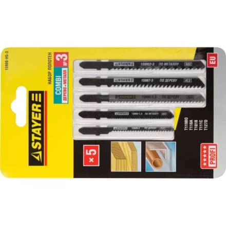 Набор STAYER "PROFI" Пилки "УНИВЕРСАЛ №3" для эл/лобзика, по дереву, мет. и пласт., EU-хвост., 5шт 15980-H5-3 купить в Надыме