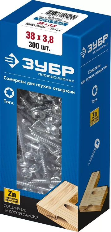 ЗУБР 38 х 3.8 мм, частая резьба, ТХ20, цинк, 300 шт, саморез для глухих отверстий, Профессионал (30082-38-038) купить в Надыме