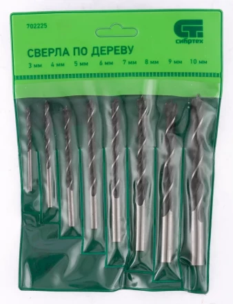 Набор сверл по дереву 3-4-5-6-7-8-9-10 мм 8 штук цилиндрический хвостовик СИБРТЕХ 702225 купить в Надыме