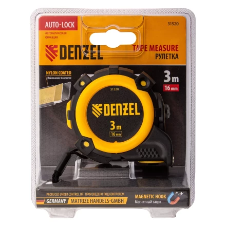 Рулетка Denzel 3м х 16мм, автоматич. фиксац., нейлон. покрытие, магнит. зацеп, двухстор. разметка, 31520 купить в Надыме