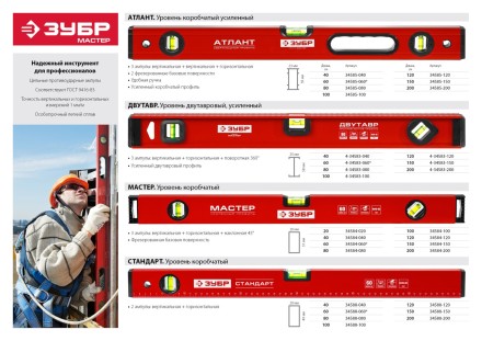 Уровень ЗУБР &quot;СТАНДАРТ&quot; коробчатый, 2 противоударные ампулы, 200см 34588-200 купить в Надыме