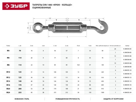 Талреп ЗУБР &quot;ПРОФЕССИОНАЛ&quot;  DIN 1480, крюк-кольцо, оцинкованный, кованая натяжная муфта, М16, ТФ16, 2 шт 4-304355-16 купить в Надыме