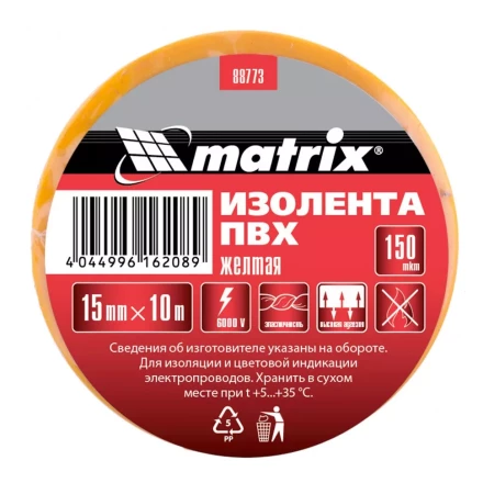 Изолента ПВХ 15 мм х 10 м желтая 150 мкм Matrix 88773 купить в Надыме