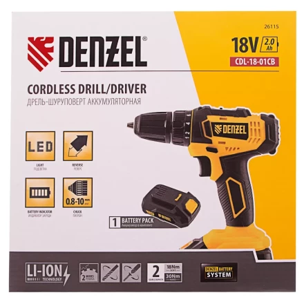 Дрель-шуруповерт аккумуляторная Denzel 26115, CDL-18-01CB, Li-Ion, 18 В, 1 аккумулятор купить в Надыме