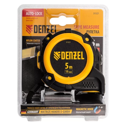 Рулетка Denzel 5м х 19мм, автоматич. фиксац., нейлон. покрытие, магнит. зацеп, двухстор. разметка, 31521 купить в Надыме