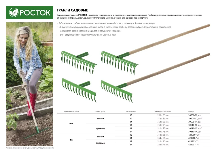 Грабли РОСТОК садовые с черенком, 12 прямых зубцов 421901-12 купить в Надыме