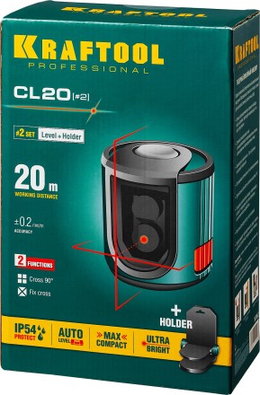 Нивелир лазерный линейный CL 20, сверхъяркий, KRAFTOOL 34700-2, держатель, 20м, IP54, точн. 0,2 мм/м 34700-2 купить в Надыме