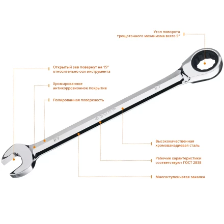 ЗУБР 27 мм, комбинированный трещоточный гаечный ключ, Профессионал (27074-27) купить в Надыме