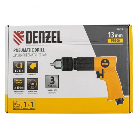Пневматическая дрель Denzel 57478 PD500, 500 об/мин, 114 л/мин, 13 мм купить в Надыме
