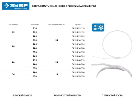 Кабельные стяжки белые КОБРА, с плоским замком, 2.5 х 155 мм, 50 шт, нейлоновые, ЗУБР 30930-25-155 купить в Надыме