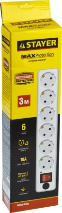 Сетевой фильтр STAYER "MASTER" электрический, 6 гнезд, заземление, макс. мощн. 2200 Вт, 3м 55067-3 купить в Надыме
