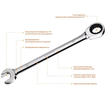 ЗУБР 30 мм, комбинированный трещоточный гаечный ключ, Профессионал (27074-30) купить в Надыме