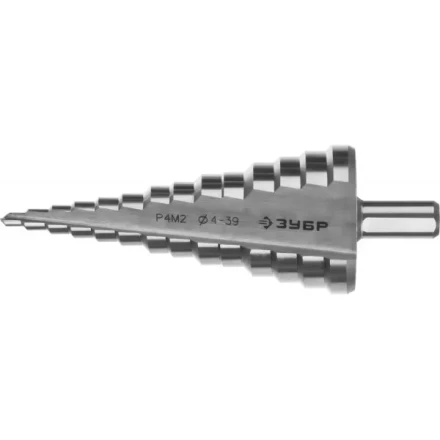 Сверло ЗУБР &quot;МАСТЕР&quot; ступенчатое по сталям и цвет.мет., быстрорежущая сталь, d=4-39мм,14ступ.d=4-39, L -113 мм, трехгран.хв. 10мм 29665-4-39-14 купить в Надыме