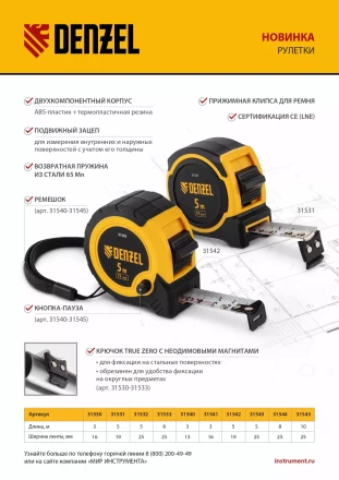 РулеткаDenzel 5м х 19мм, двухкомп. корпус, магнитный обрезиненный зацеп, 31531 купить в Надыме