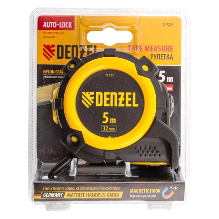 Рулетка Denzel 5м х 32мм, автоматич. фиксац., нейлон. покрытие, магнит. зацеп, двухстор. разметка 31523 купить в Надыме