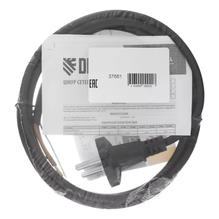 Шнур сетевой Denzel Energy Series, ПВС, 1,5 м, 2 x 1 мм, с неразборной вилкой, черный, 3 м, 37661 купить в Надыме