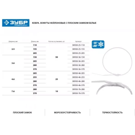 Кабельные стяжки белые КОБРА, с плоским замком, 2.5 х 205 мм, 50 шт, нейлоновые, ЗУБР 30930-25-205 купить в Надыме
