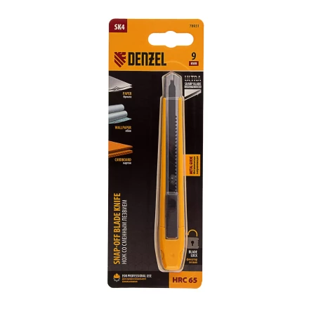 Нож, 9 мм, сменное лезвие, SK4, метал. направляющая, клипса, нажимной фиксатор// Denzel 78931 купить в Надыме