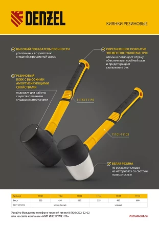 Киянка резиновая, 450 г, черная, фибергласовая рукоятка c TPR покрытием Denzel 11144 купить в Надыме