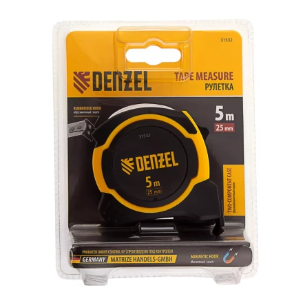 Рулетка Denzel 5м х 25мм, двухкомп. корпус, магнитный обрезиненный зацеп, 31532 купить в Надыме