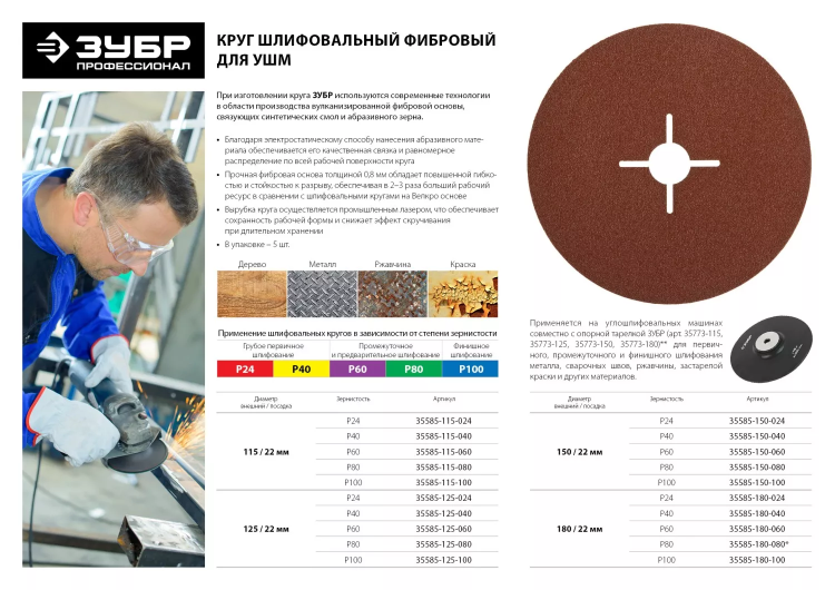 Круг шлифовальный ЗУБР "ПРОФИ" фибровый, для УШМ, P60, 115х22мм, 5 листов 35585-115-060 купить в Надыме