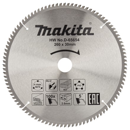 Диск пильный универсальный для алюминия/дерева/пластика Makita D-65654, 260x30x1.8 мм; 100 зубьев купить в Надыме