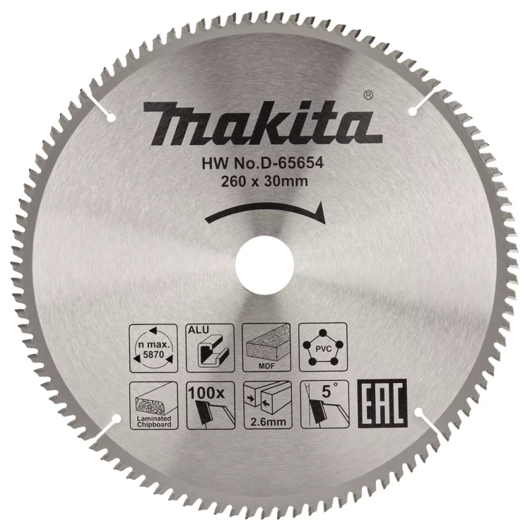 Диск пильный универсальный для алюминия/дерева/пластика Makita D-65654, 260x30x1.8 мм; 100 зубьев купить в Надыме
