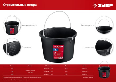 ЗУБР 16 л, ударопрочный пластик, с носиком, строительное ведро (06093-16) купить в Надыме