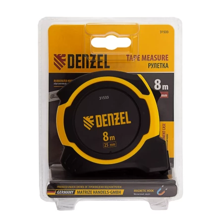 Рулетка Denzel 8м х 25мм, двухкомп. корпус, магнитный обрезиненный зацеп, 31533 купить в Надыме