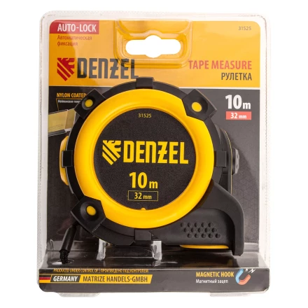 Рулетка Denzel 10м х 32мм, автоматич. фиксац., нейлон. покрытие, магнит. зацеп, двухстор. разметка, 31525 купить в Надыме
