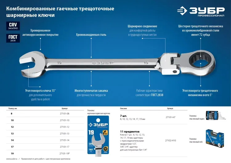 ЗУБР 12 мм, шарнирный трещоточный гаечный ключ, Профессионал (27101-12) купить в Надыме