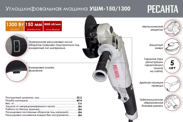 Углошлифовальная машина (болгарка) Ресанта УШМ-150/1300 75/12/6 купить в Надыме