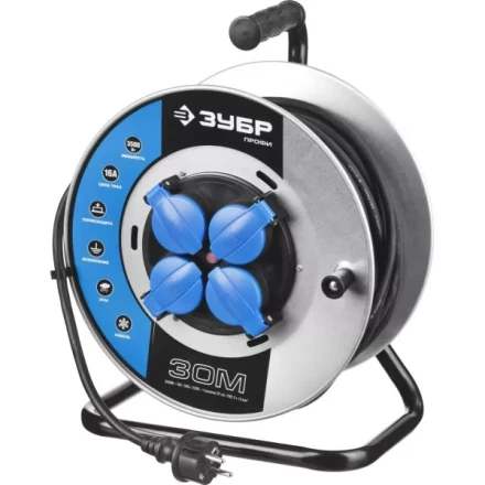 Удлинитель ЗУБР "ПРОФИ" на металл катушке, КГ 3х1,5кв мм, морозостойкий, 4 гнезда, IP44, макс мощность 3500Вт, 30м 55085-30 купить в Надыме