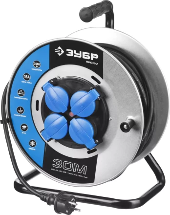 Удлинитель ЗУБР "ПРОФИ" на металл катушке, КГ 3х1,5кв мм, морозостойкий, 4 гнезда, IP44, макс мощность 3500Вт, 30м 55085-30 купить в Надыме