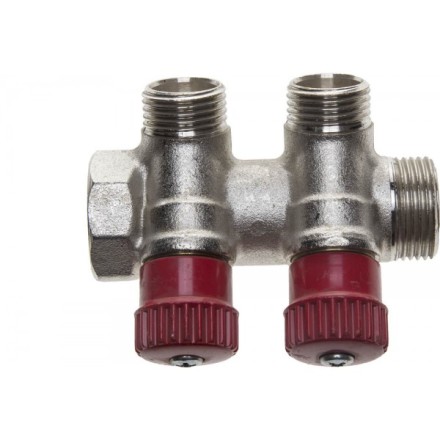 Коллектор GENERAL FITTINGS для горячей воды, вентили, никелированная латунь, вход 3/4&quot; - 2 выхода 1/2&quot; 51046-3/4-1/2-HT2 купить в Надыме