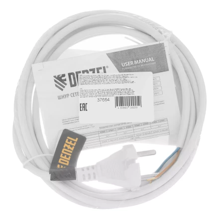 Шнур сетевой Denzel Energy Series, ПВС, 3 м, 2 x 1 мм, с неразборной вилкой, белый, 3 м, 37664 купить в Надыме