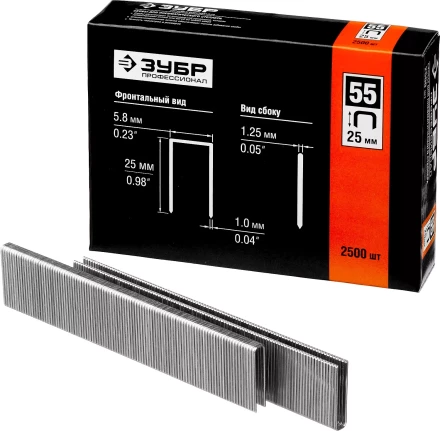 Скобы тип 55, 25 мм, особотвердые, ЗУБР "ПРОФЕССИОНАЛ" 31855-25, 2500 шт 31855-25 купить в Надыме