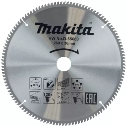 Диск пильный универсальный для алюминия/дерева/пластика Makita D-65660, 260x30x1.8 мм; 120 зубьев купить в Надыме