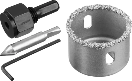 Коронка-чашка ЗУБР "ПРОФЕССИОНАЛ" c карбид-вольфрамовым нанесением, 38 мм, высота 25 мм, в сборе с державкой и сверлом 33360-038_z01 купить в Надыме