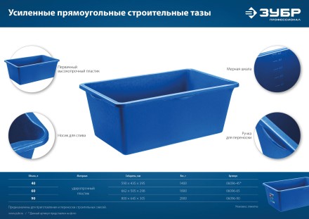 ЗУБР 60 л, первичный высокопрочный пластик, усиленный прямоугольный строительный таз (06096-65) купить в Надыме