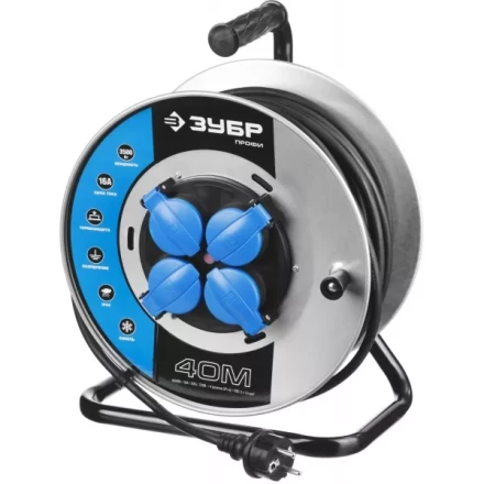 Удлинитель ЗУБР "ПРОФИ" на металл катушке, КГ 3х1,5кв мм, морозостойкий, 4 гнезда, IP44, макс мощность 3500Вт, 40м 55085-40 купить в Надыме
