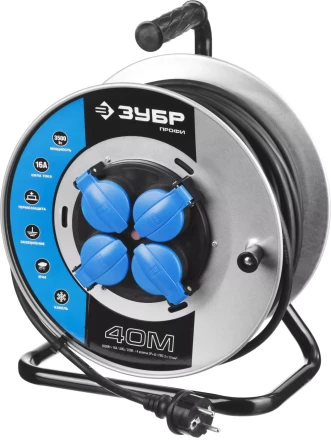 Удлинитель ЗУБР "ПРОФИ" на металл катушке, КГ 3х1,5кв мм, морозостойкий, 4 гнезда, IP44, макс мощность 3500Вт, 40м 55085-40 купить в Надыме