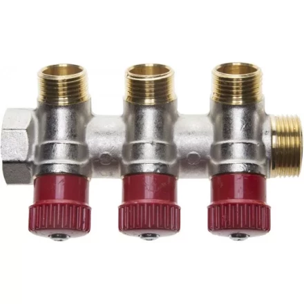 Коллектор GENERAL FITTINGS для горячей воды, вентили, никелированная латунь, вход 3/4" - 3 выхода 1/2" 51046-3/4-1/2-HT3 купить в Надыме