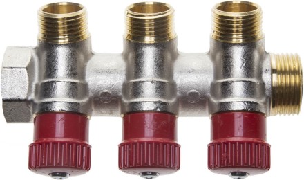 Коллектор GENERAL FITTINGS для горячей воды, вентили, никелированная латунь, вход 3/4&quot; - 3 выхода 1/2&quot; 51046-3/4-1/2-HT3 купить в Надыме