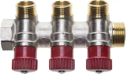 Коллектор GENERAL FITTINGS для горячей воды, вентили, никелированная латунь, вход 3/4" - 3 выхода 1/2" 51046-3/4-1/2-HT3 купить в Надыме