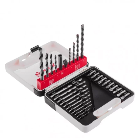 Набор сверл комбинированный сверла по металлу 1-6 мм бетону 4-8 мм дереву 4-8 мм биты 10 шт адаптер зенковка 31 предмет Pro Matrix 725631 купить в Надыме