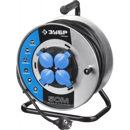 Удлинитель ЗУБР "ПРОФИ" на металл катушке, КГ 3х1,5кв мм, морозостойкий, 4 гнезда, IP44, макс мощность 3500Вт, 50м 55085-50 купить в Надыме